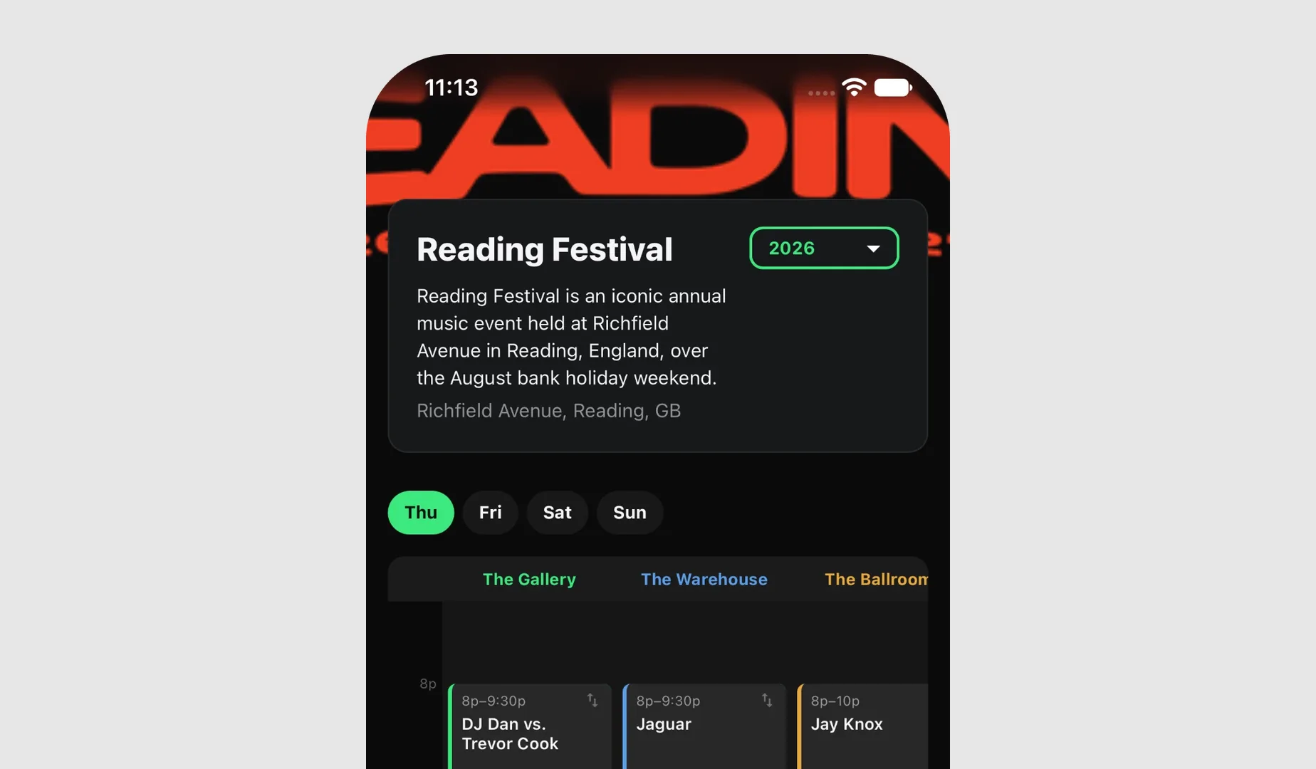Festival timetable screen