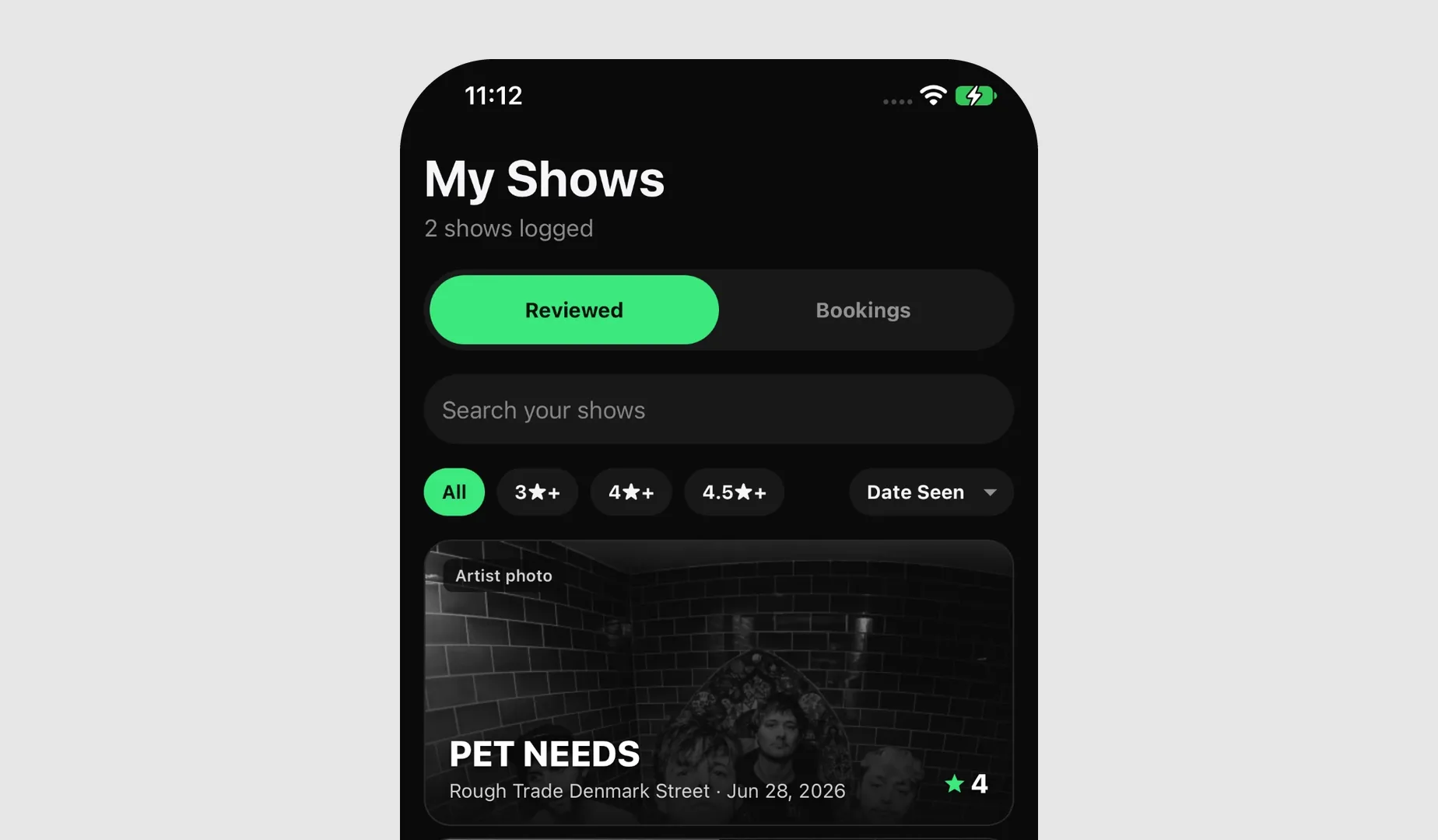 GigPigeon My Shows screen