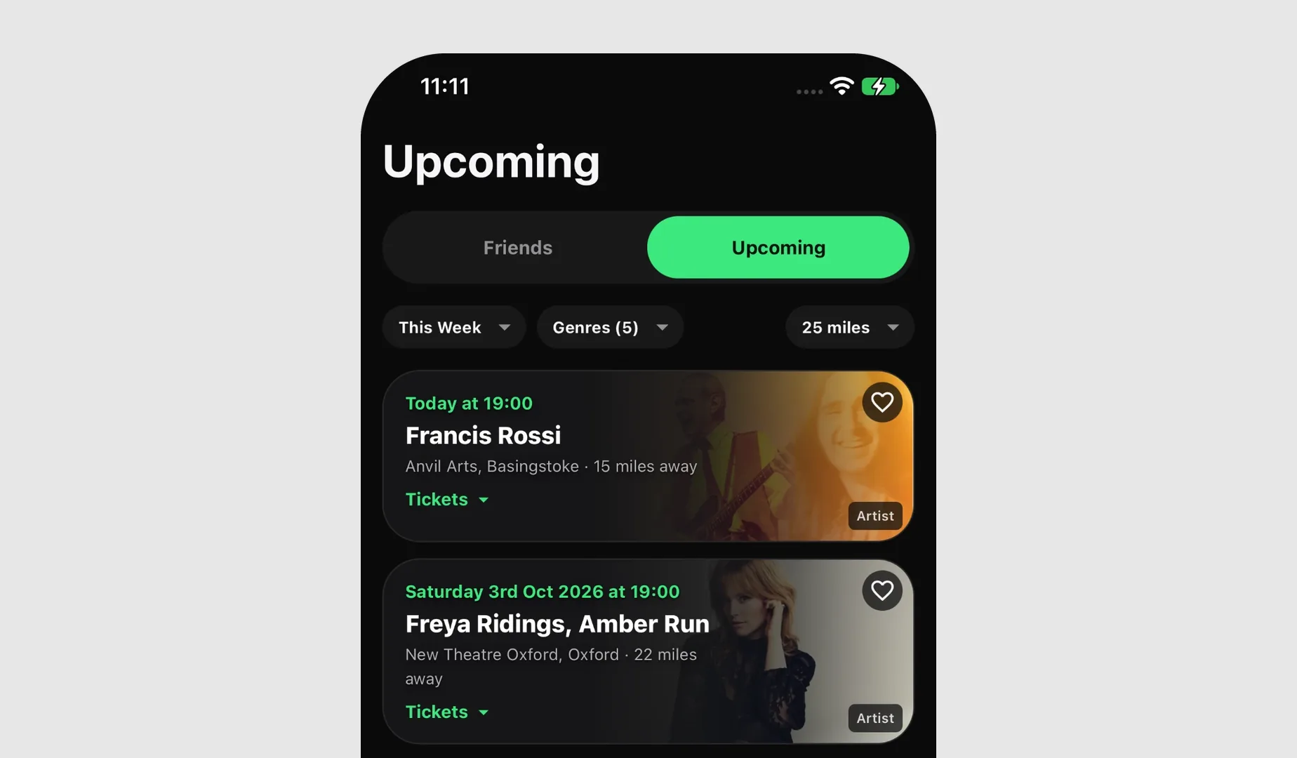 Upcoming gigs screen